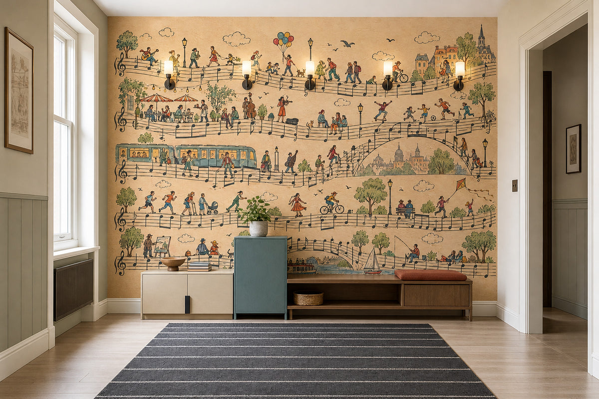 Music Notes European City Wallpaper Mural Vintage Inspired Illustration