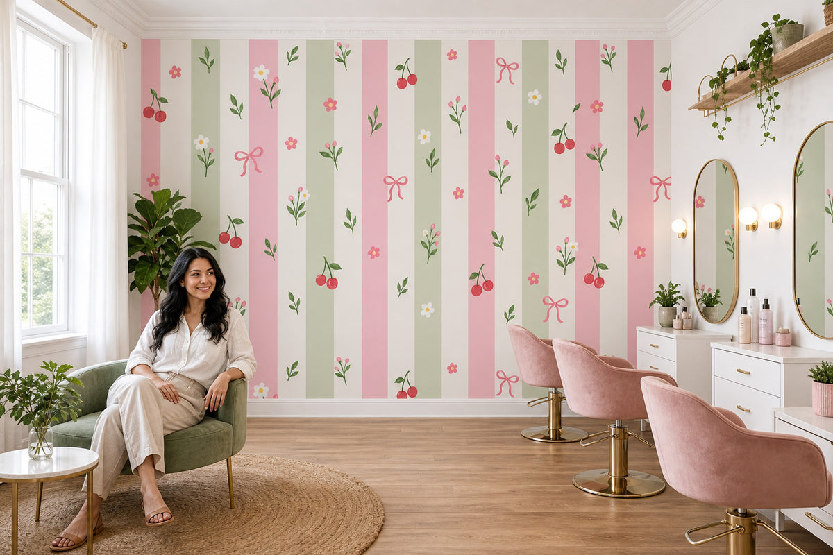Pastel Stripes With Flowers Cherries And Bows Wallpaper Mural Pink And Sage