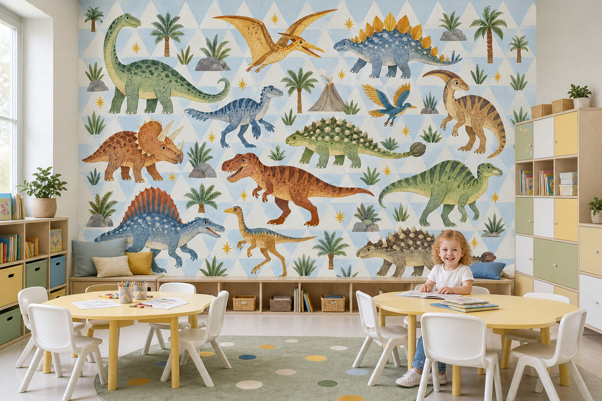 Cute Watercolor Dinosaurs Wallpaper Mural Pastel Blue Geometric Triangles