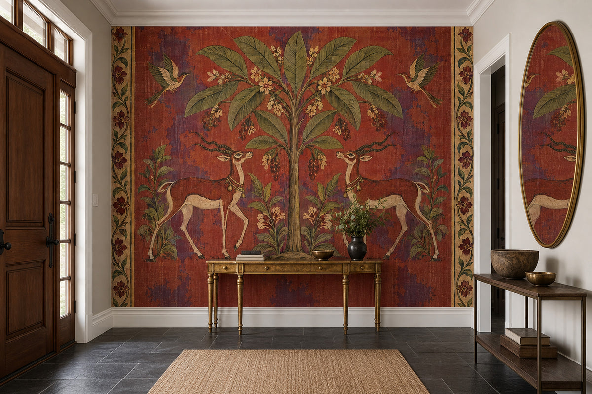 Tree Of Life With Gazelles Wallpaper Mural: Vintage Inspired Rust Red