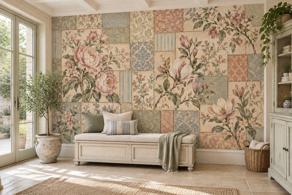 Pink Cream Roses Wallpaper Mural In Vintage Inspired Patchwork Style