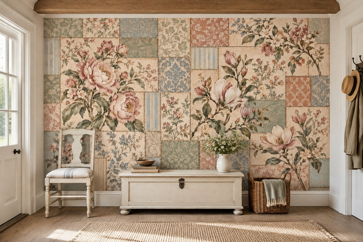 Pink Cream Roses Wallpaper Mural In Vintage Inspired Patchwork Style