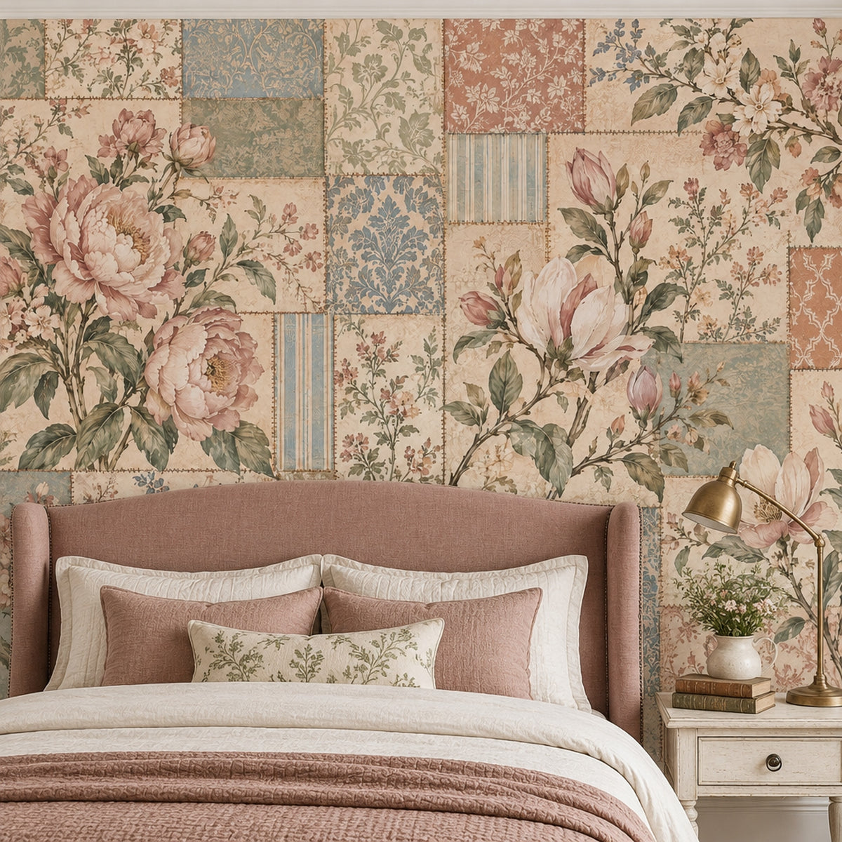 Pink Cream Roses Wallpaper Mural In Vintage Inspired Patchwork Style