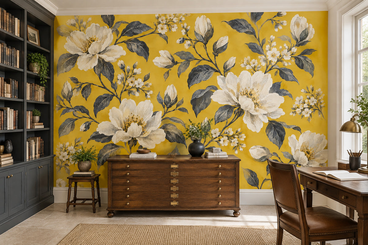 Cream White Blossoms Wallpaper Mural Mustard Yellow Vintage Inspired Botanical
