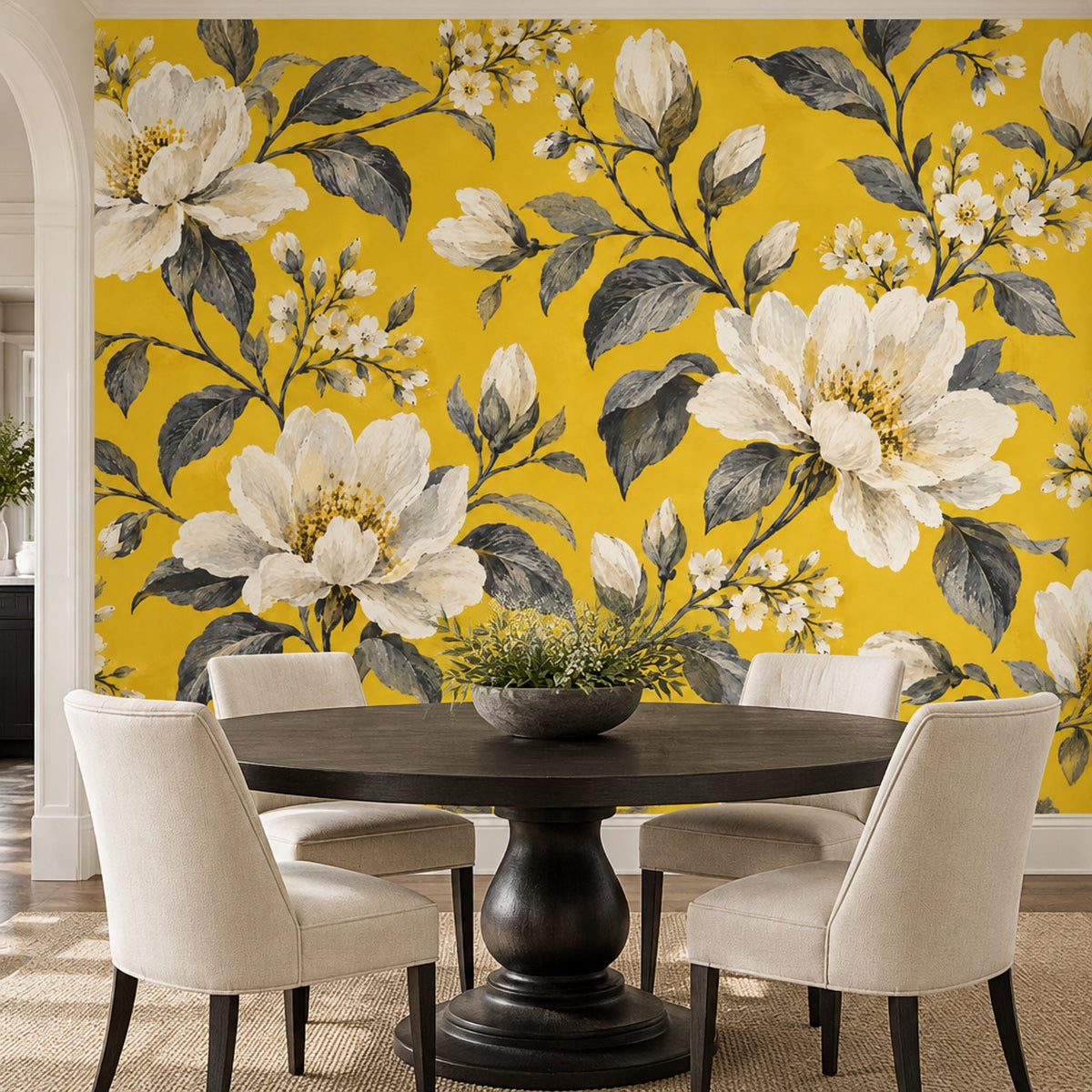 Cream White Blossoms Wallpaper Mural Mustard Yellow Vintage Inspired Botanical
