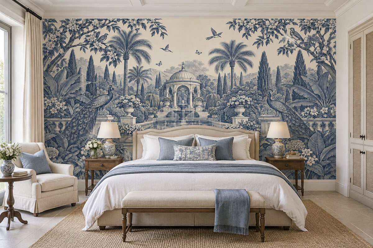 Peacocks In A Fountain Garden Wallpaper Mural, Blue Toile Chinoiserie