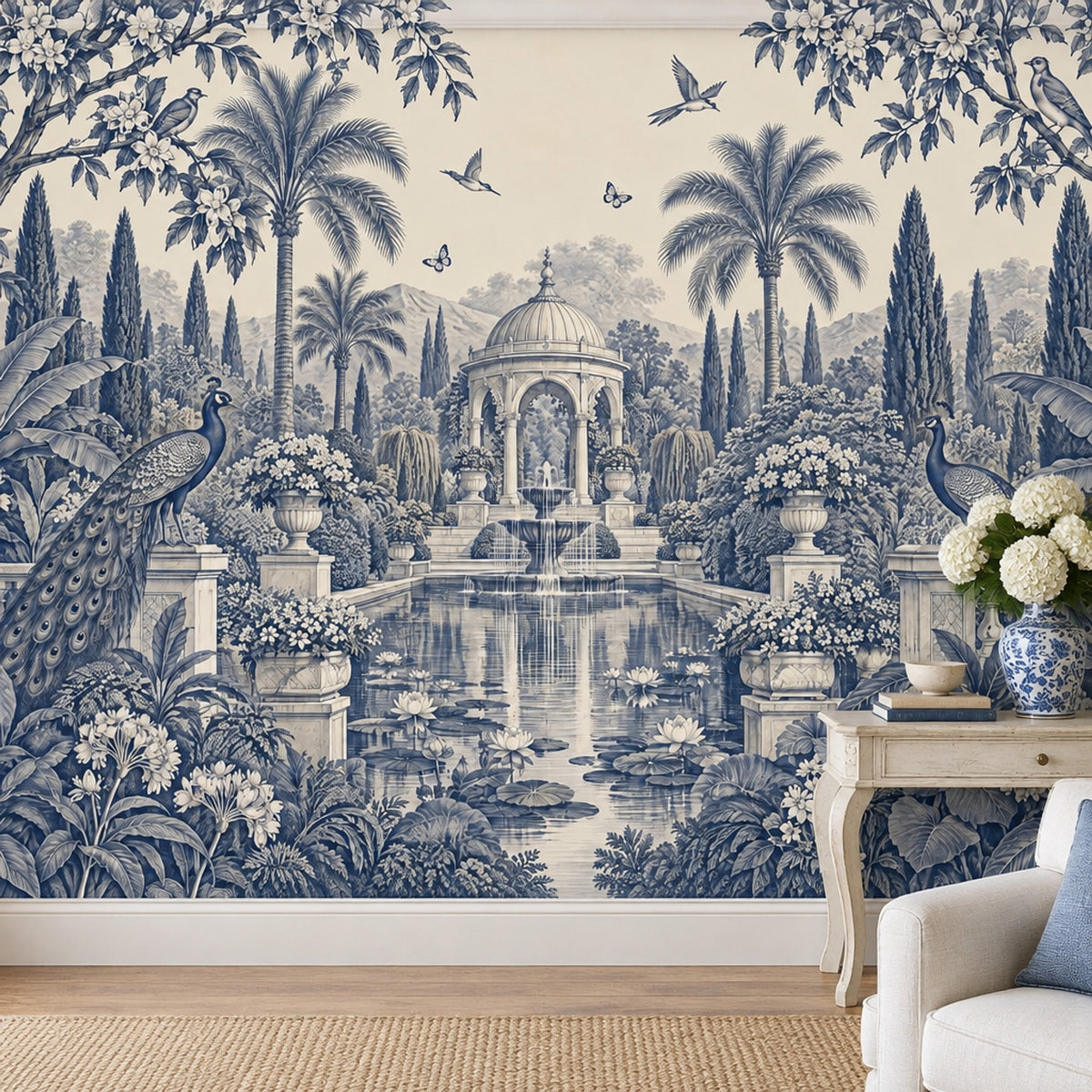 Peacocks In A Fountain Garden Wallpaper Mural, Blue Toile Chinoiserie