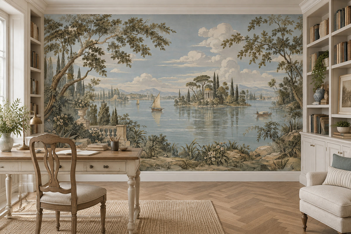 Italian Lake Sailboats Wallpaper Mural Vintage Inspired Pastel Temple View