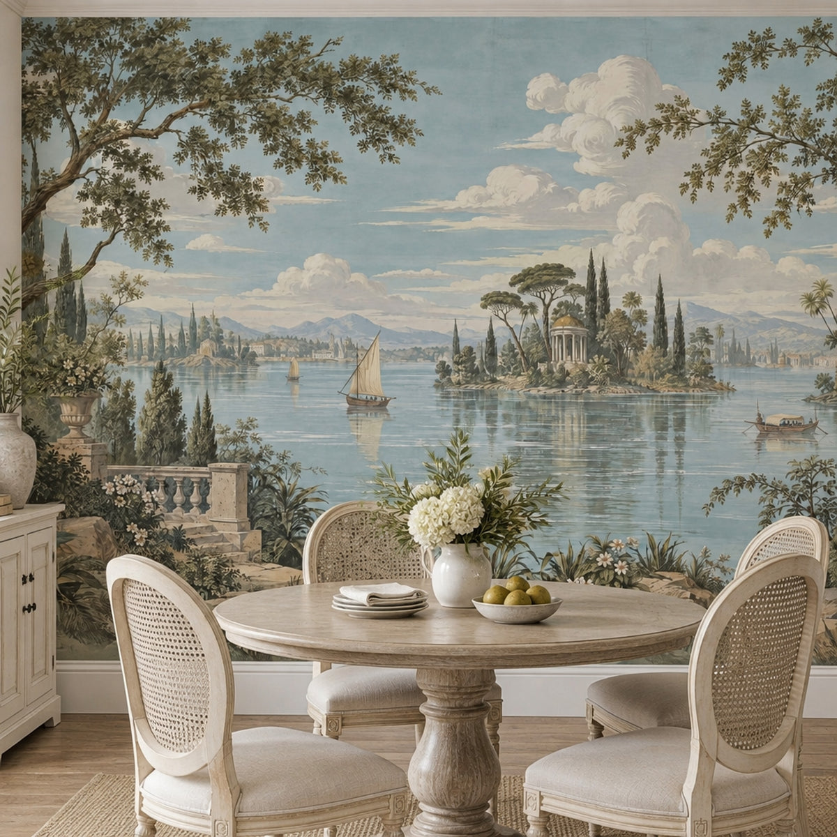 Italian Lake Sailboats Wallpaper Mural Vintage Inspired Pastel Temple View