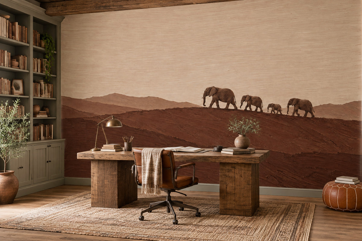 Elephant Herd Wallpaper Mural In Earth Tones, Textured Desert Horizon