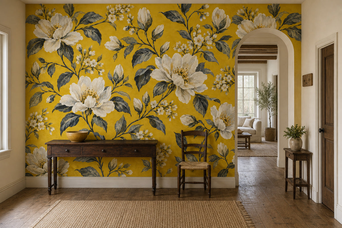 Cream White Blossoms Wallpaper Mural Mustard Yellow Vintage Inspired Botanical
