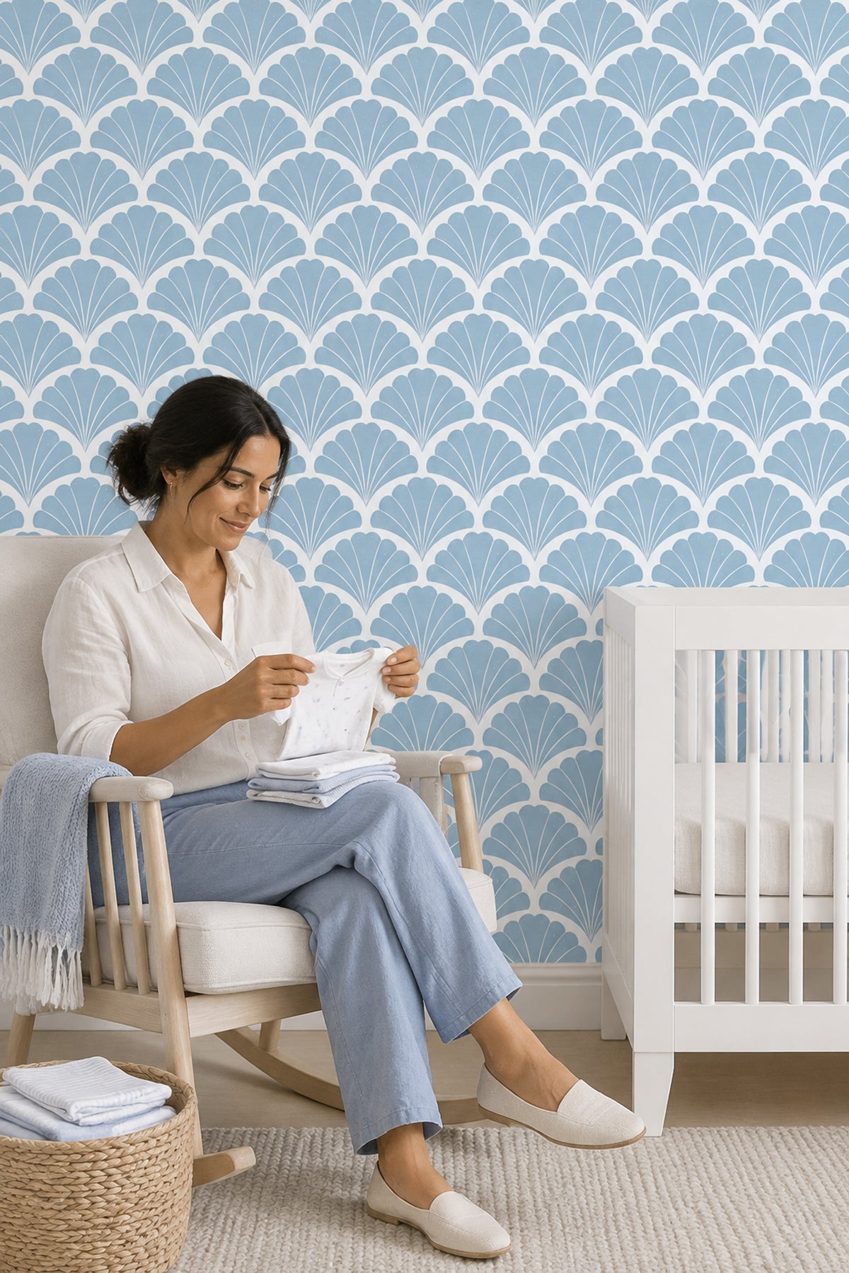 Fan Shell Motif Wallpaper Art Deco Geometric In Pastel Blue