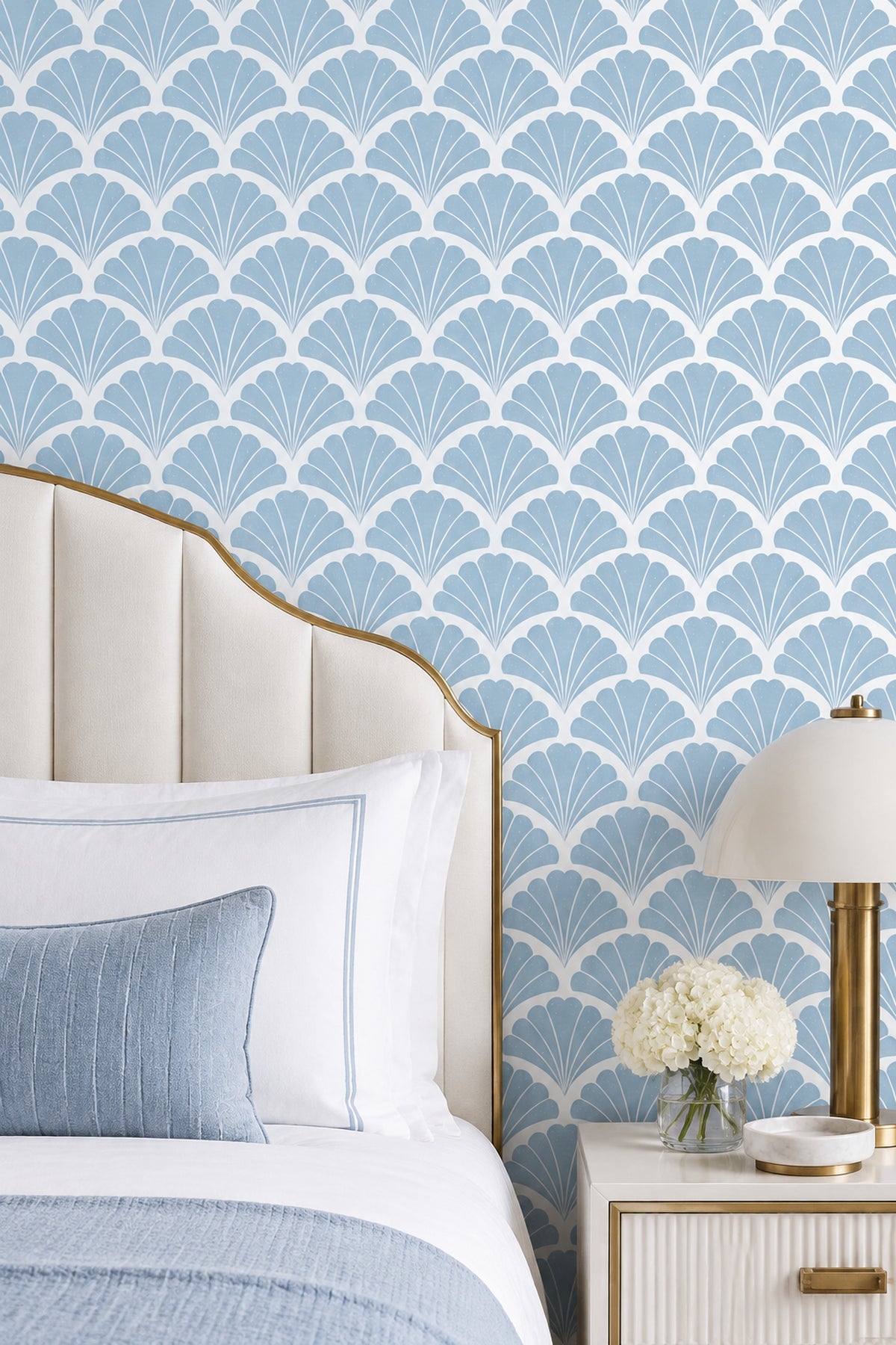 Fan Shell Motif Wallpaper Art Deco Geometric In Pastel Blue