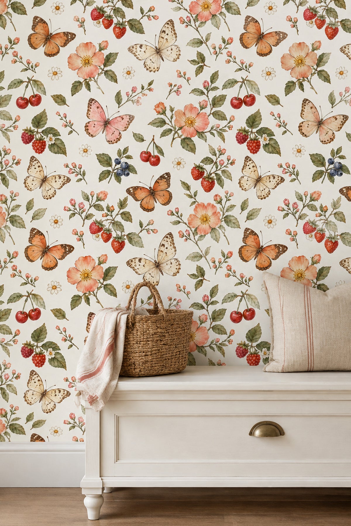 Butterflies And Berries Wallpaper Watercolor Floral On Cream