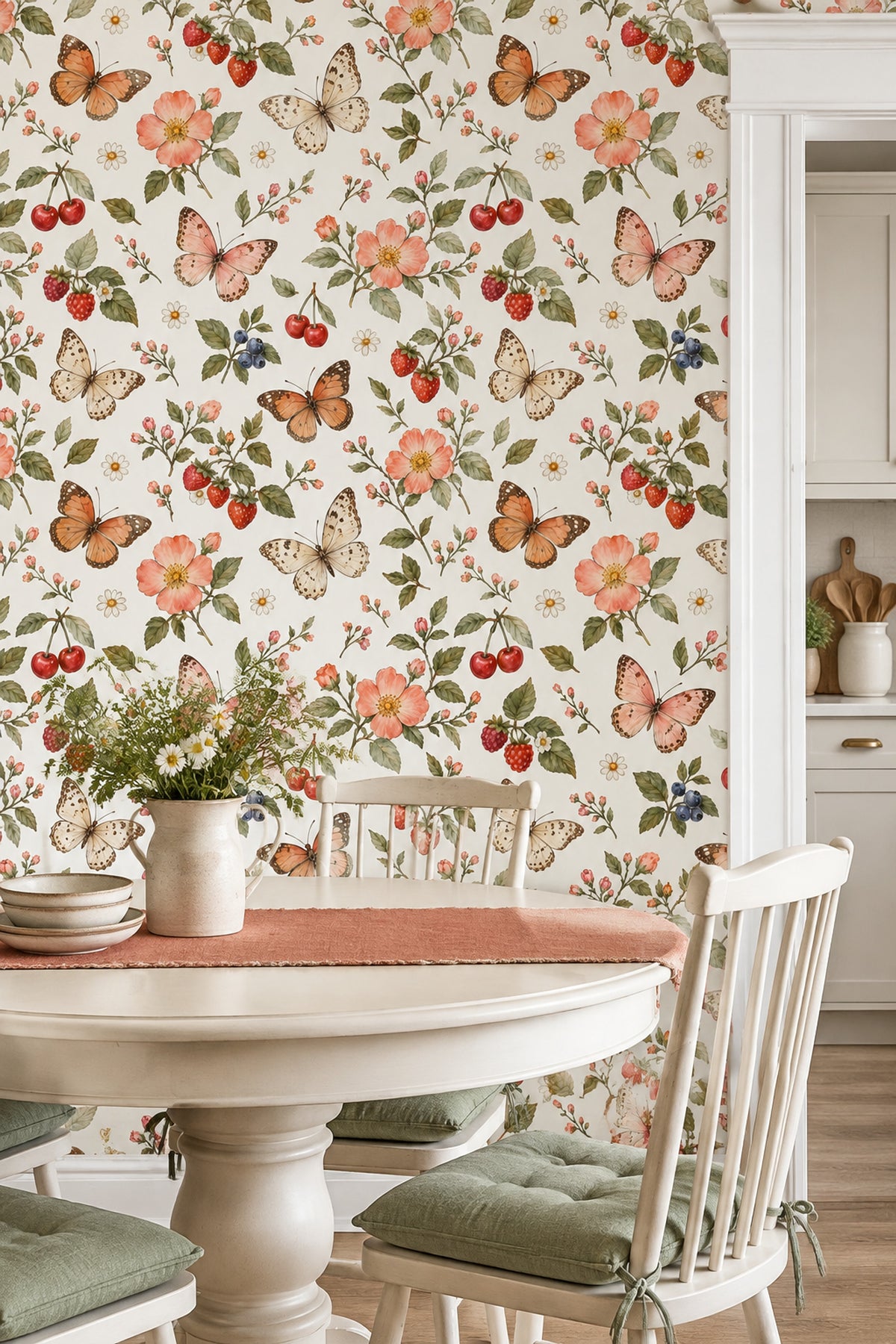 Butterflies And Berries Wallpaper Watercolor Floral On Cream