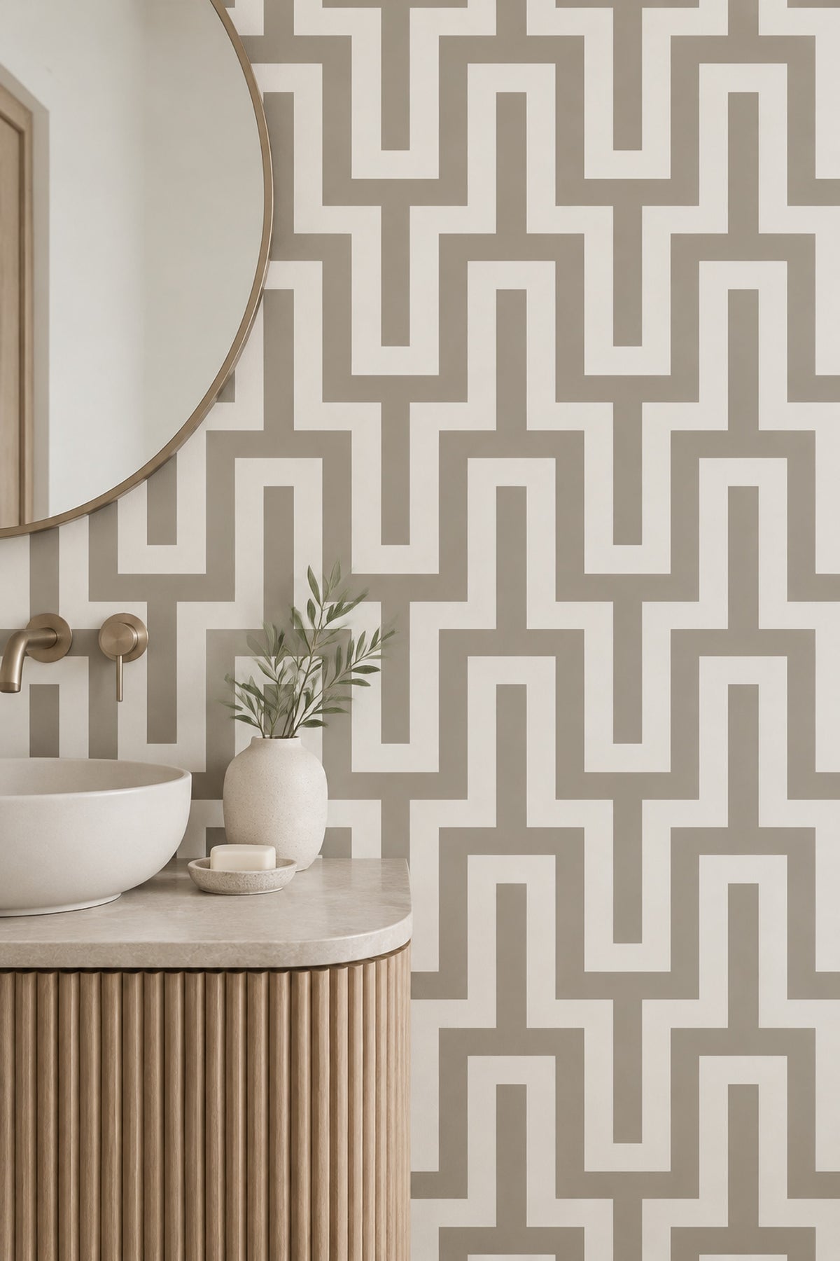 Greek Key Maze Wallpaper In Taupe And Cream