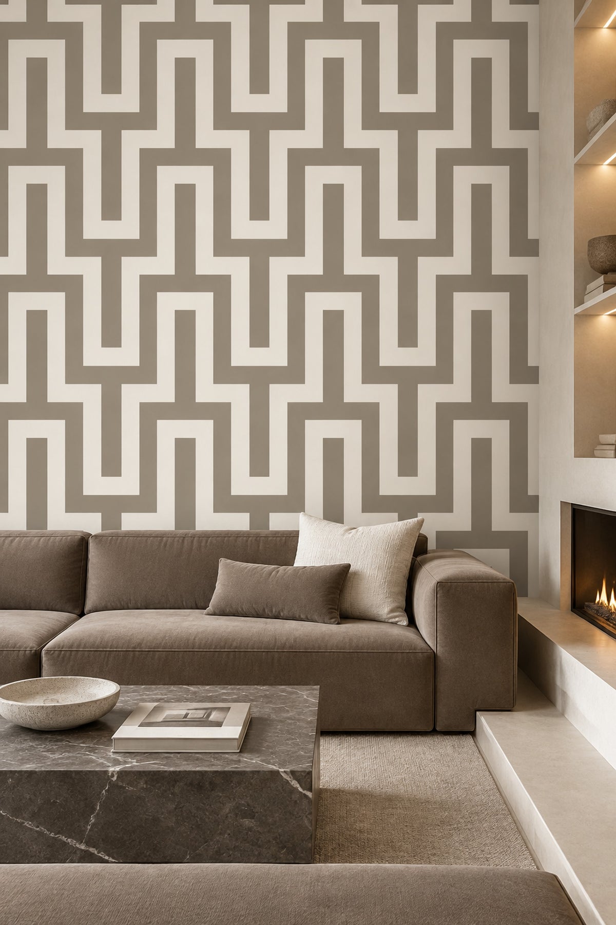 Greek Key Maze Wallpaper In Taupe And Cream
