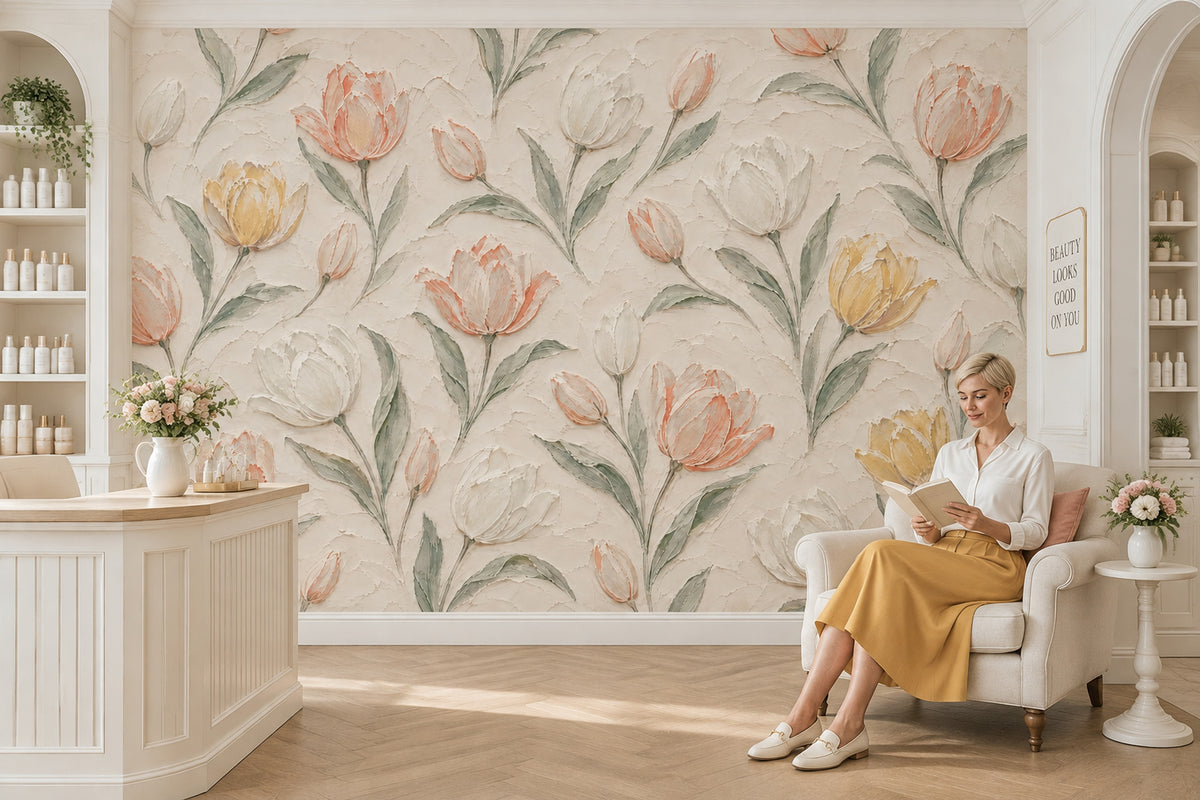 Painted Tulips Wallpaper Mural Cream Background, Textured Botanical Floral