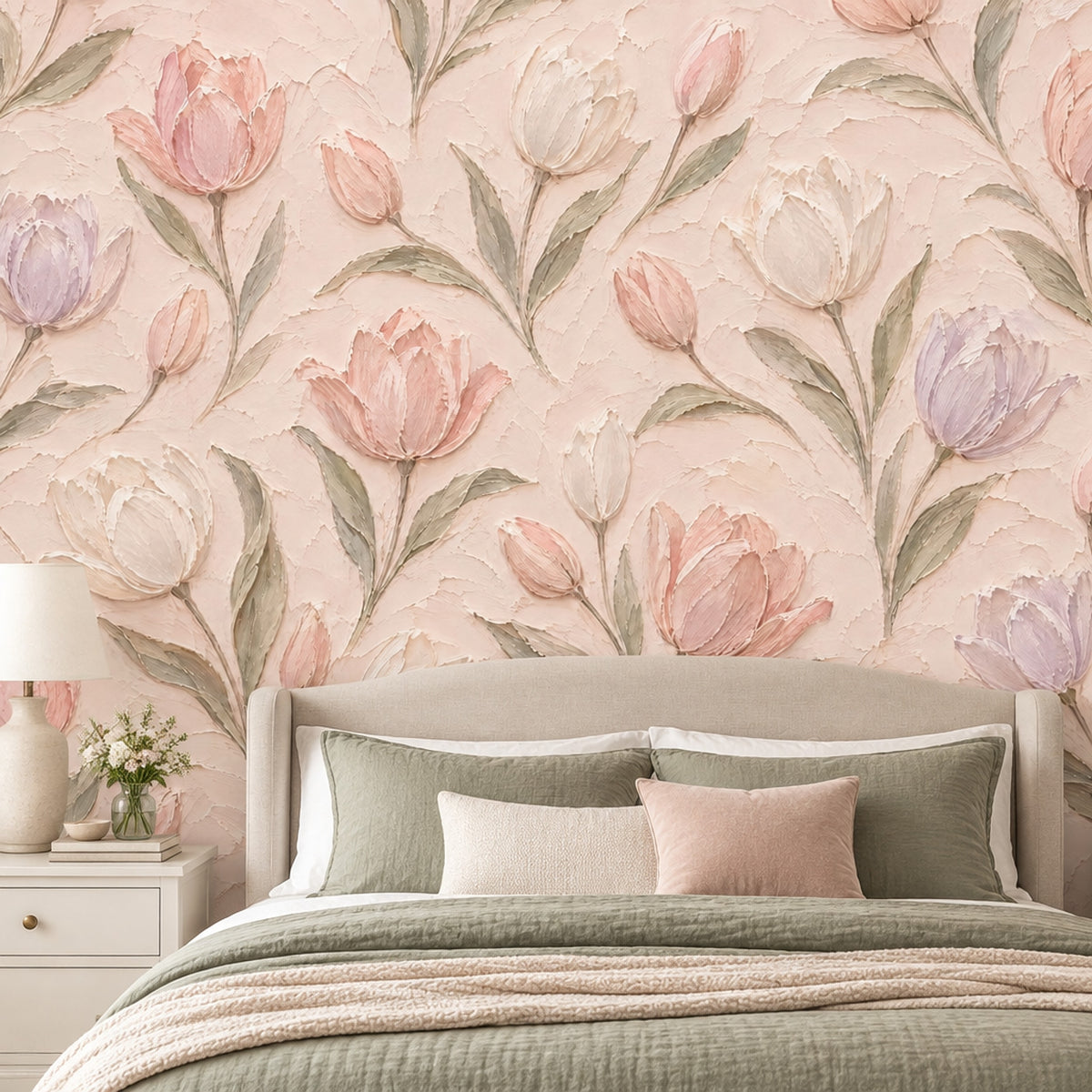 Pastel Tulips Wallpaper Mural In Blush Pink With Textured Oil Paint Effect
