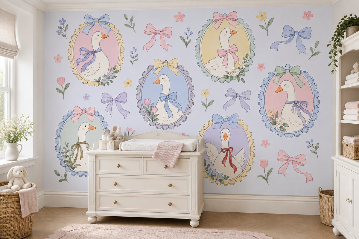Pastel Geese Portraits Wallpaper Mural Blue Watercolor Cameos