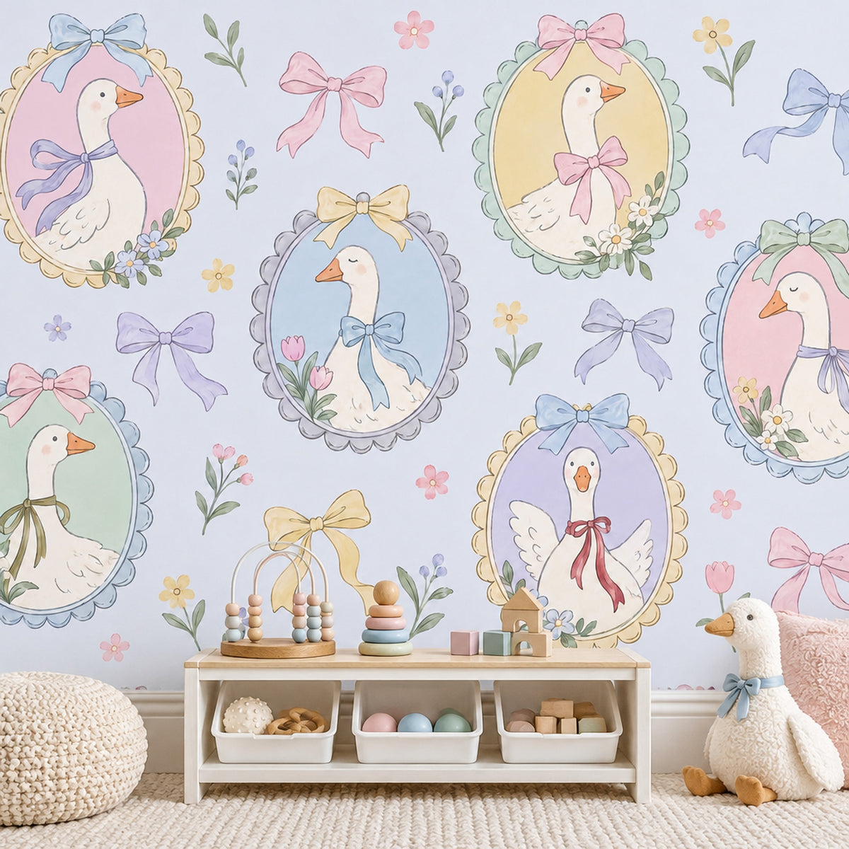 Pastel Geese Portraits Wallpaper Mural Blue Watercolor Cameos