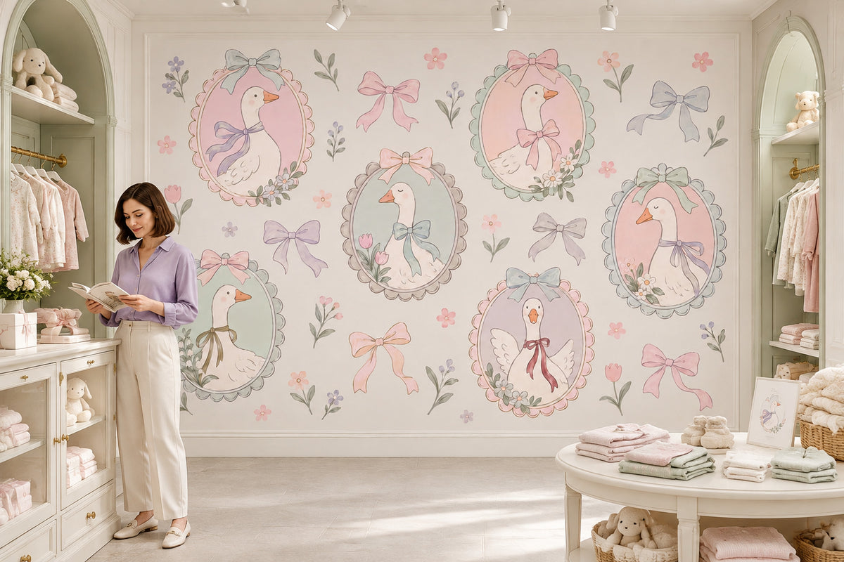 Bow Tied Geese Wallpaper Mural Cream Pastel Vintage Inspired Cameo Frames