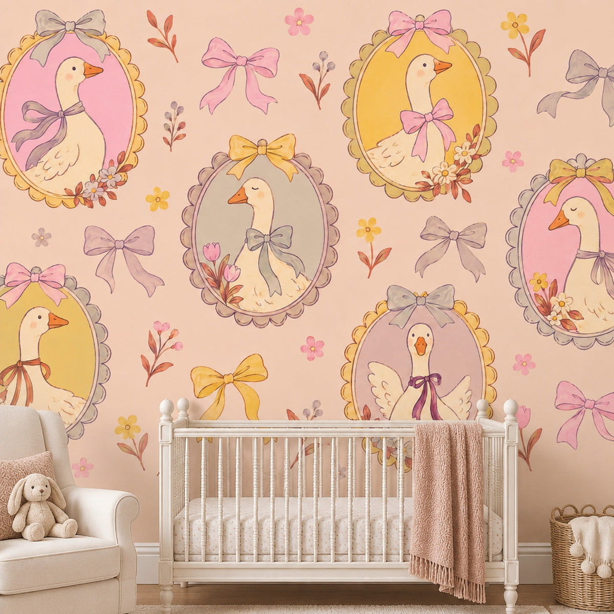 Framed Goose Portraits Wallpaper Mural Pastel Pink Watercolor