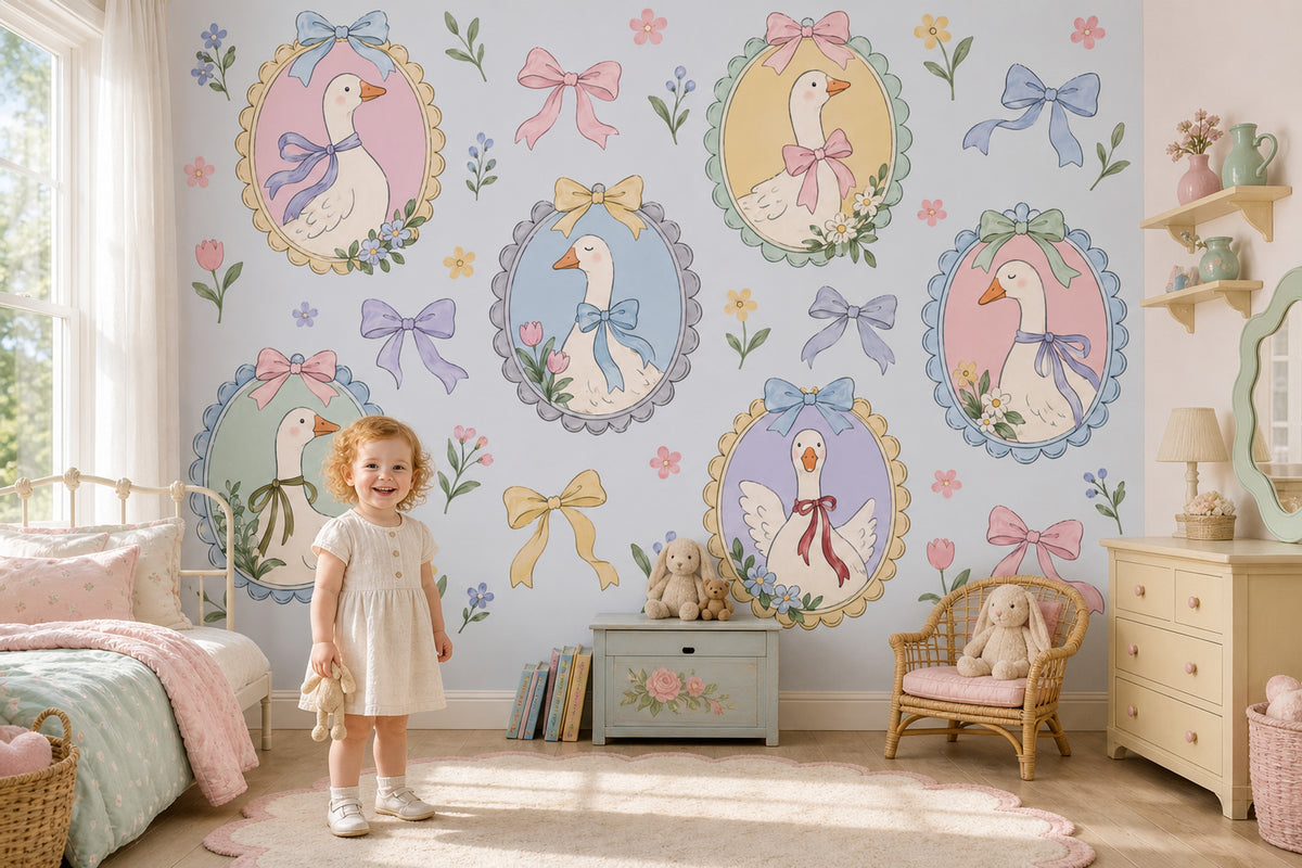 Pastel Geese Portraits Wallpaper Mural Blue Watercolor Cameos