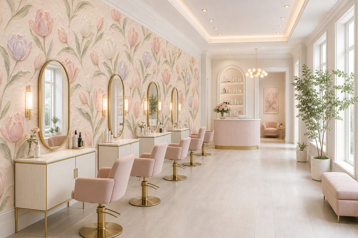 Pastel Tulips Wallpaper Mural In Blush Pink With Textured Oil Paint Effect
