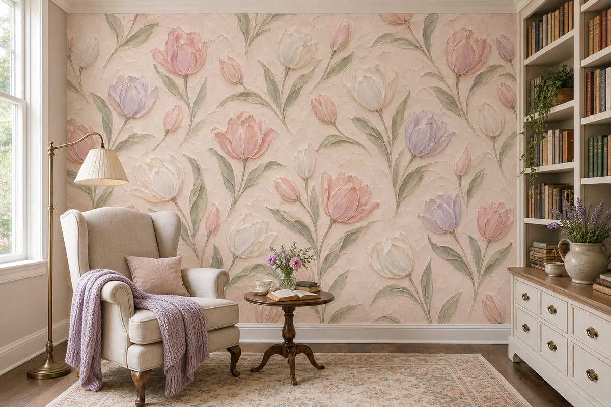Pastel Tulips Wallpaper Mural In Blush Pink With Textured Oil Paint Effect