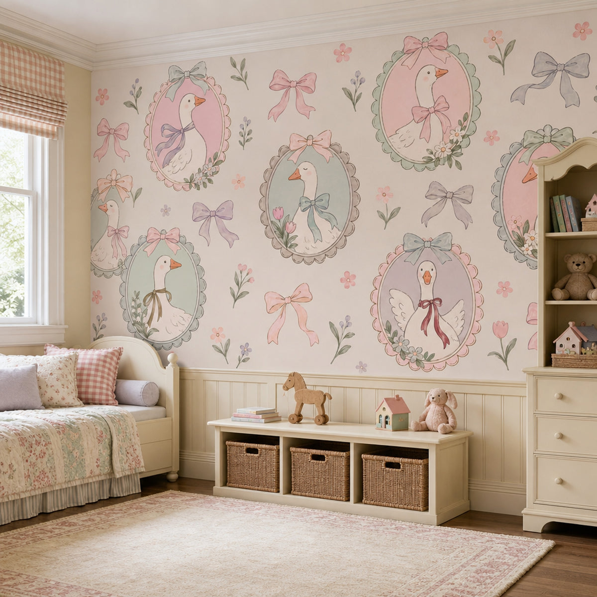 Bow Tied Geese Wallpaper Mural Cream Pastel Vintage Inspired Cameo Frames
