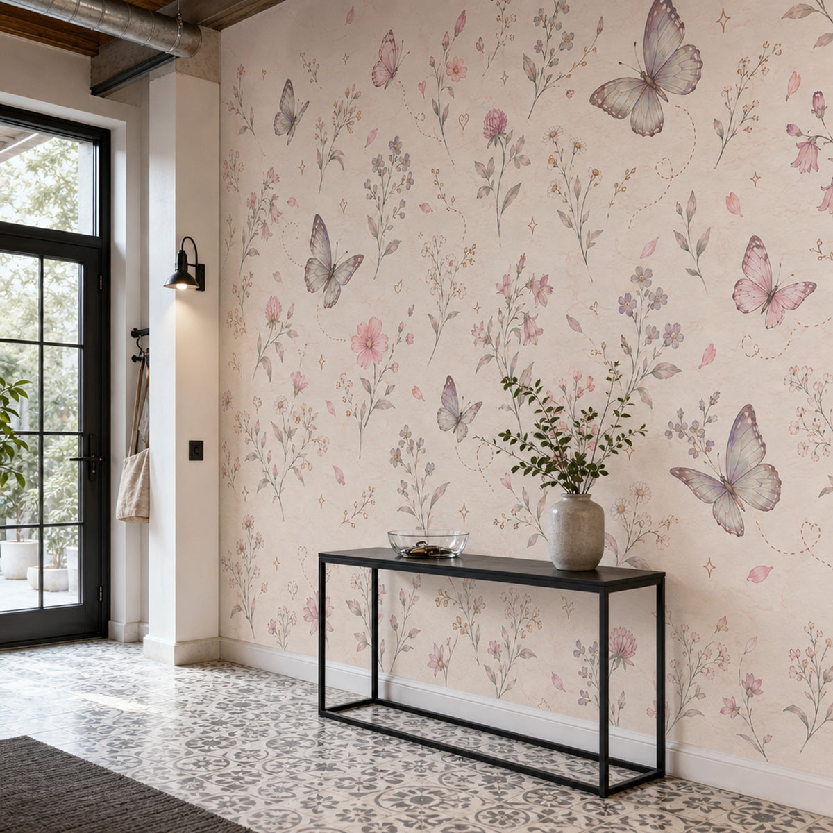 Butterflies And Wildflowers Wallpaper Mural In Pastel Watercolor On Light Cream