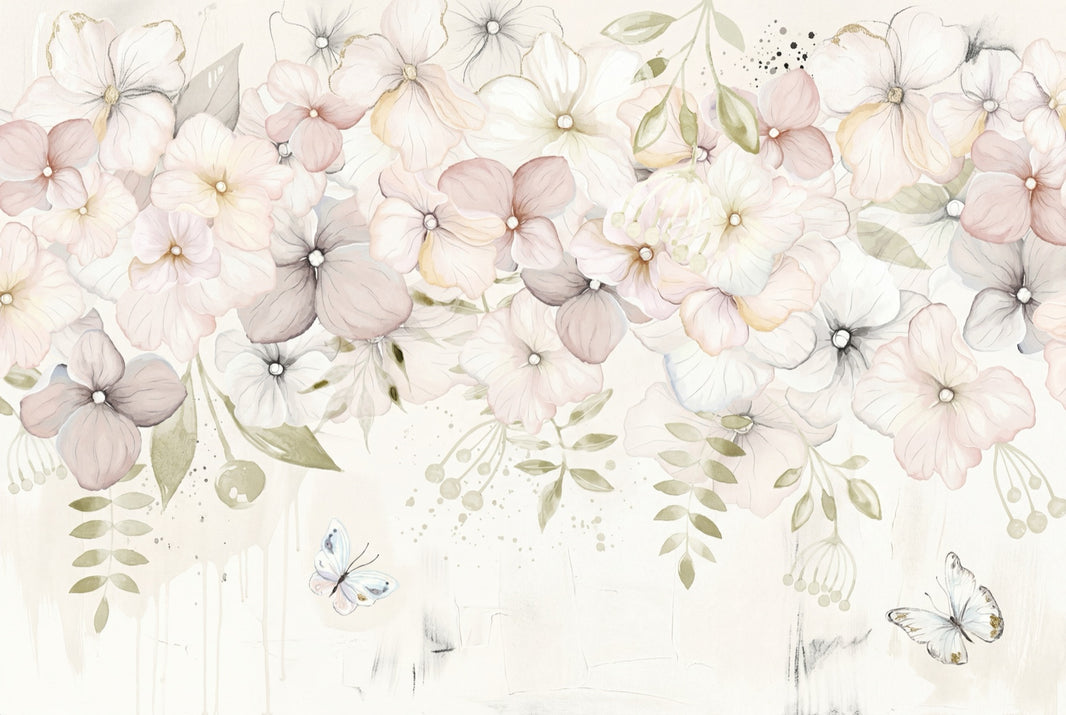 Watercolor Floral Wallpaper Pastel Blossoms Cream Background Wall Mural pattern artwork