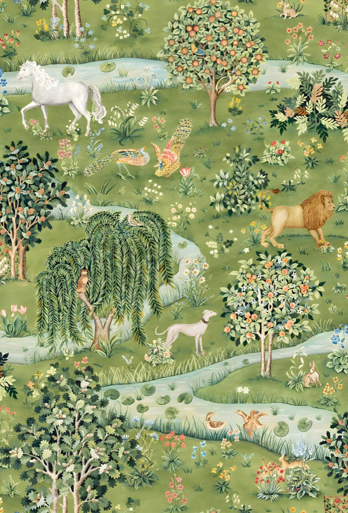 Forest Green Pastoral Wildlife Wallpaper pattern artwork