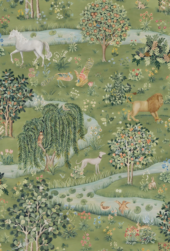 Woodland Animal Wallpaper Green Meadow Scene Wall Mural pattern artwork