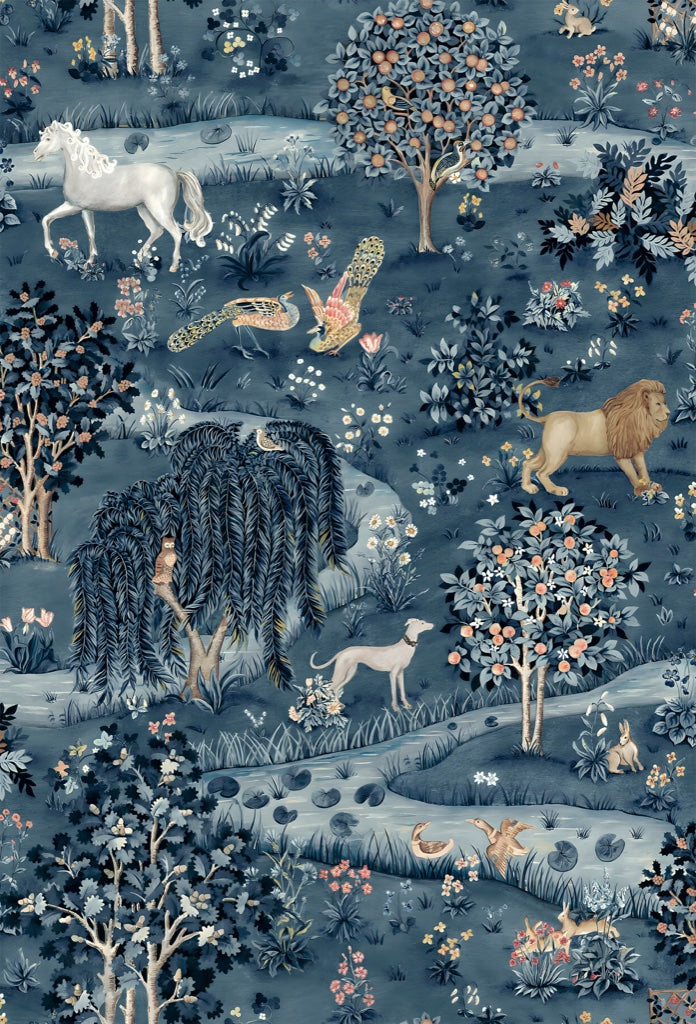 Woodland Animals Wallpaper Dark Blue Scenic Forest Wall Mural pattern artwork