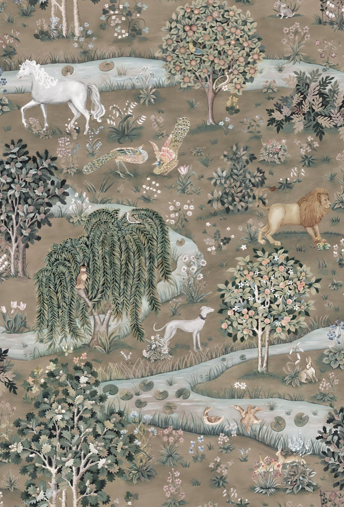 Pastoral Landscape Wallpaper Horses and Lions Scenic Wall Mural pattern artwork