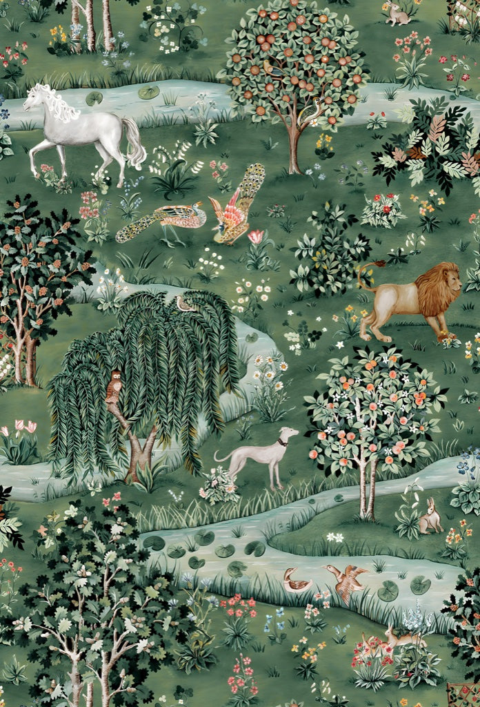 Woodland Animal Wallpaper Green Forest Scenic Wall Mural pattern artwork