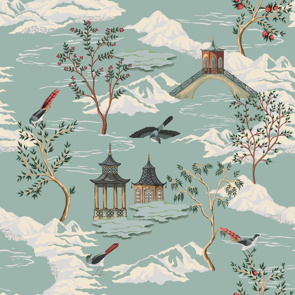 Classic Landscape Wallpaper Vintage Pagoda Wall Decor pattern artwork