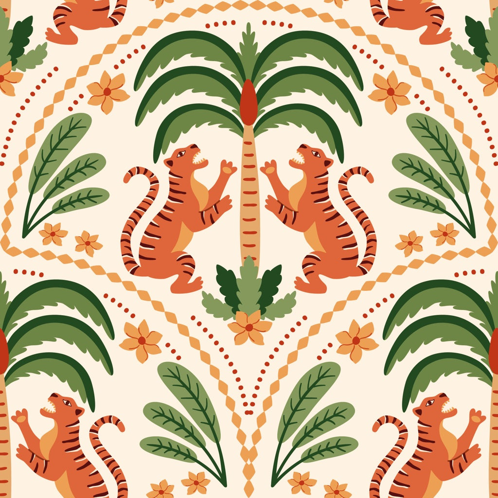 Tigers Wallpaper Palm Trees Floral Decorative Mural pattern artwork