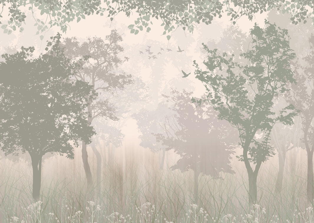 Misty Forest Wallpaper Tree Silhouettes Neutral Wall Mural pattern artwork