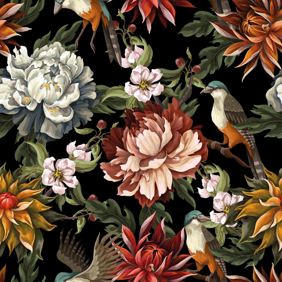 Vibrant Floral and Bird Black Background Wallpaper pattern artwork