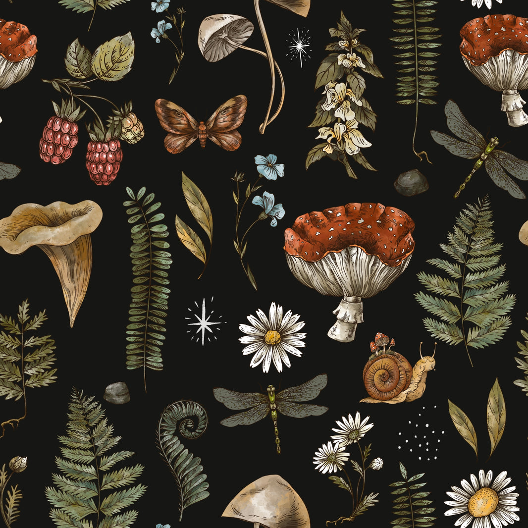 Deep Burgundy Mushroom and Berry Botanical Wallpaper pattern artwork