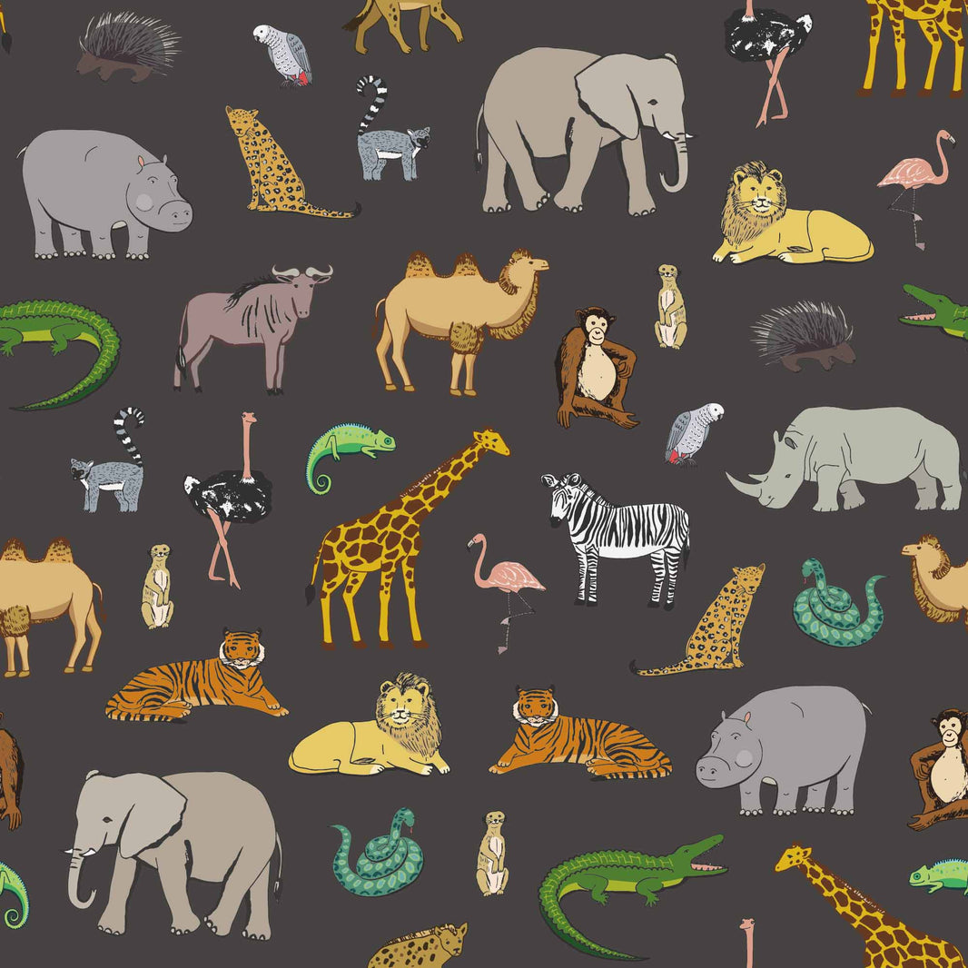 Playful Safari Animal Black Kids Wallpaper pattern artwork