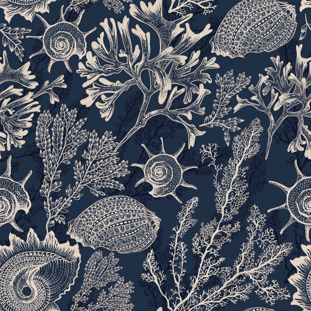 Navy Blue Nautical Botanical Shells Wallpaper pattern artwork