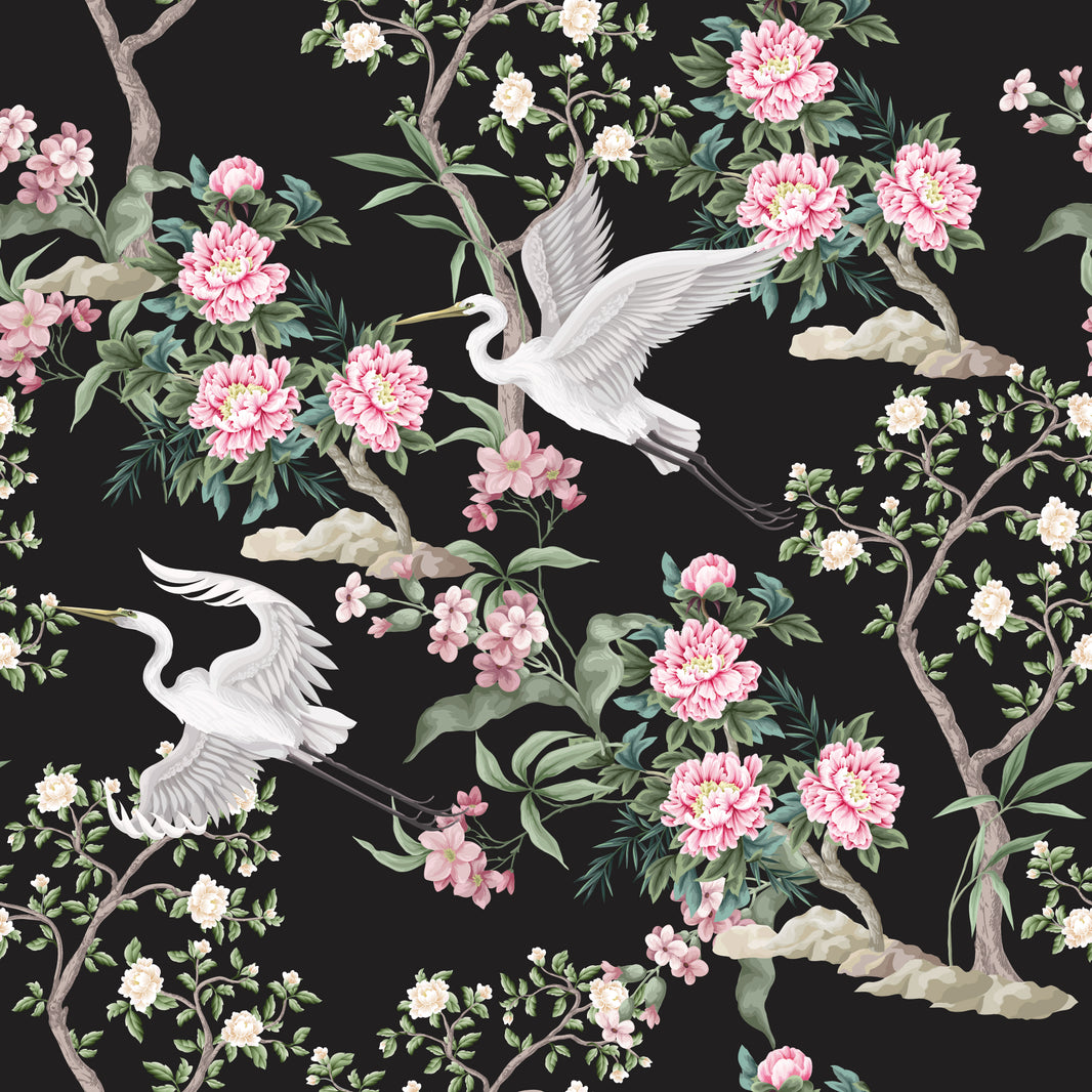 Black Night Garden with Cranes Wallpaper pattern artwork