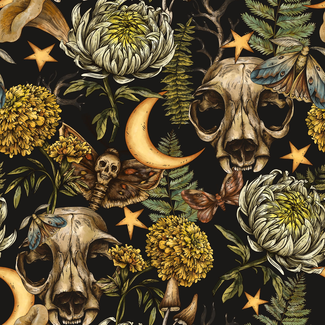 Dark Woodland Skull and Moon Fantasy Wallpaper pattern artwork