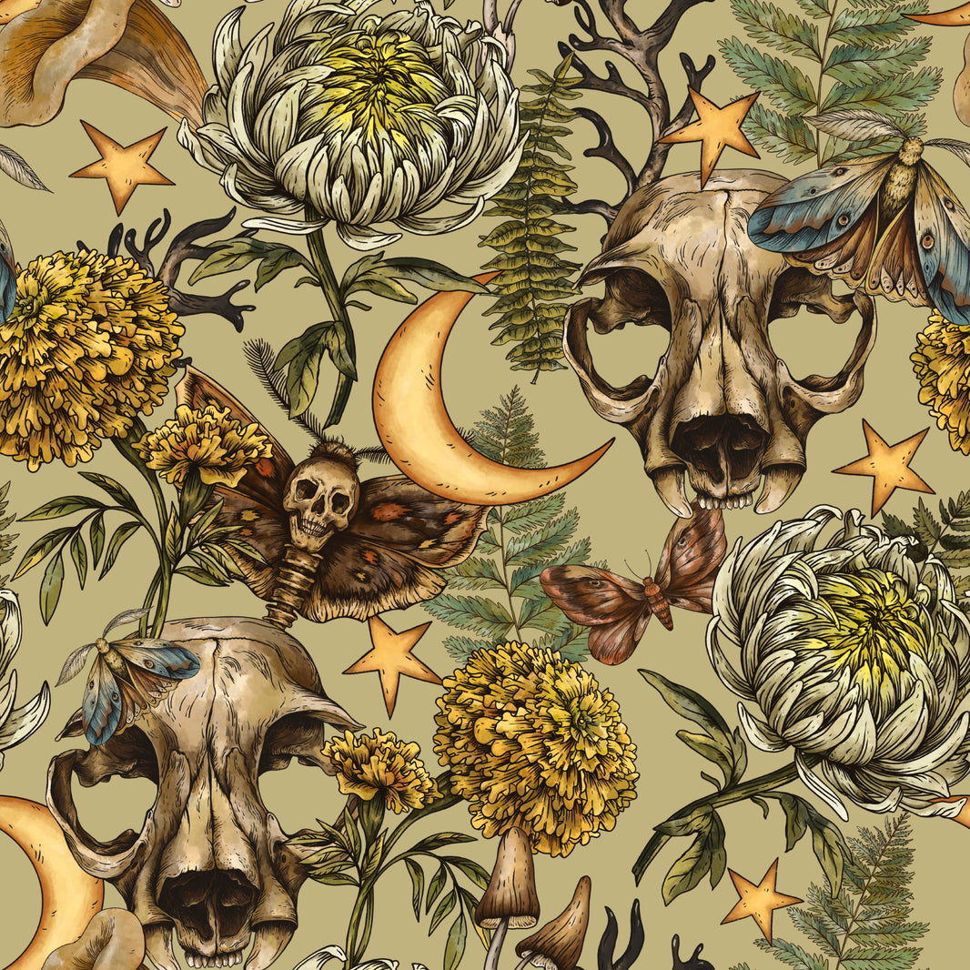 Mystical Green Skull and Botanical Fantasy Wallpaper pattern artwork