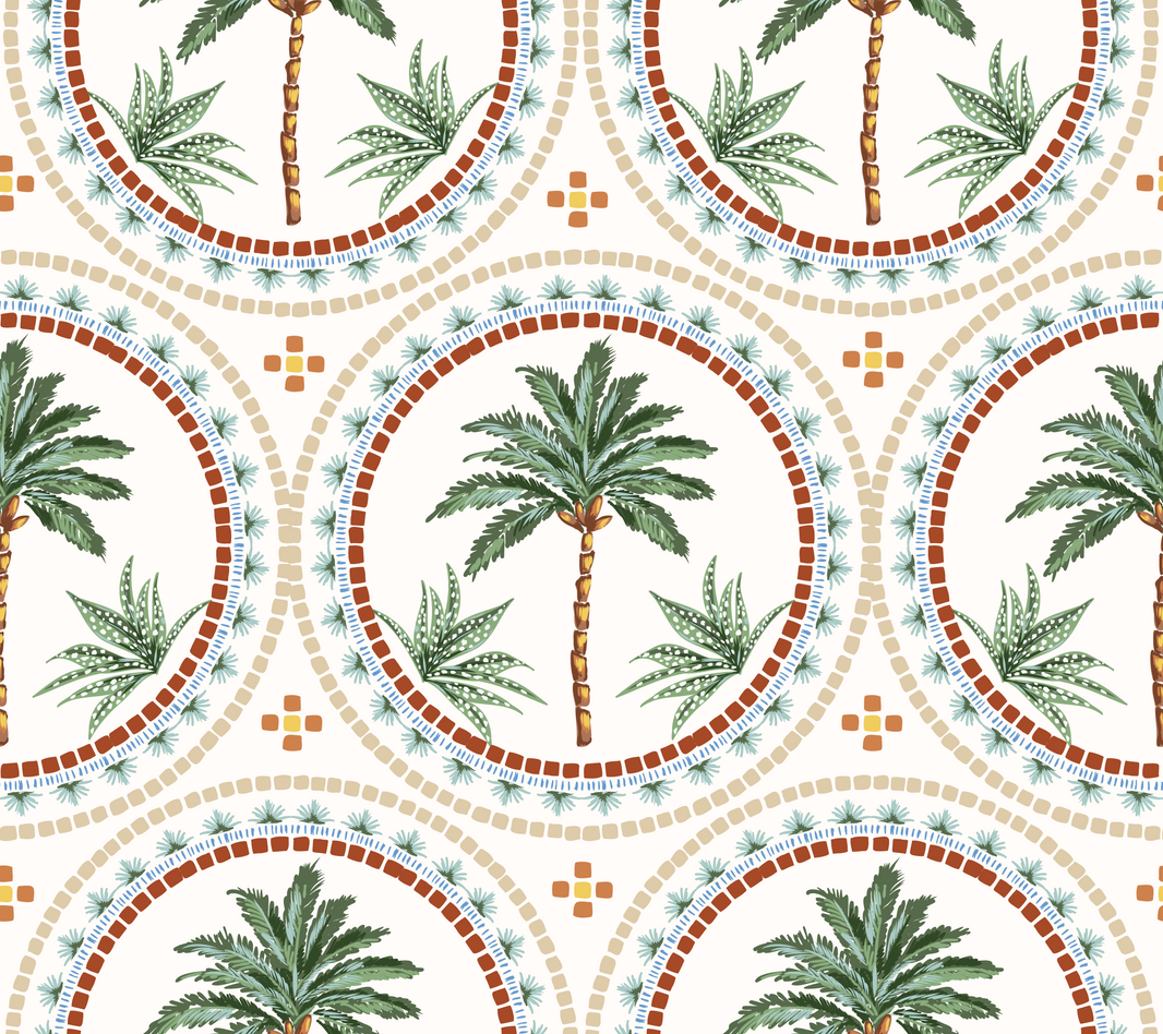 Cream and Green Mediterranean Palm Tree Wallpaper pattern artwork