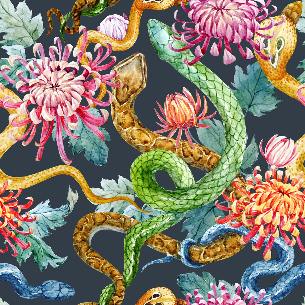 Dark Multicolor Snake and Chrysanthemum Wallpaper pattern artwork